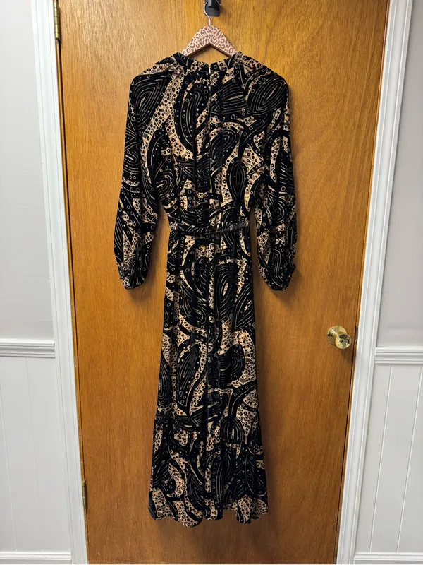 Ciebon Aria Tie Belt Long Sleeve Burnout Faux Wrap Velvet Dress Black Medium - Image 14