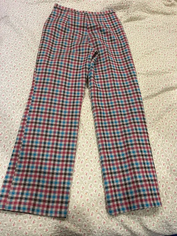 Vintage Pink Blue Red Plaid High-Waist Pants - Image 2