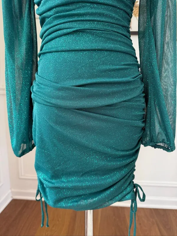 Vintage Y2K Jump Apparel Green Glitter Ruched Long Sleeve Mini Dress XS - Image 5