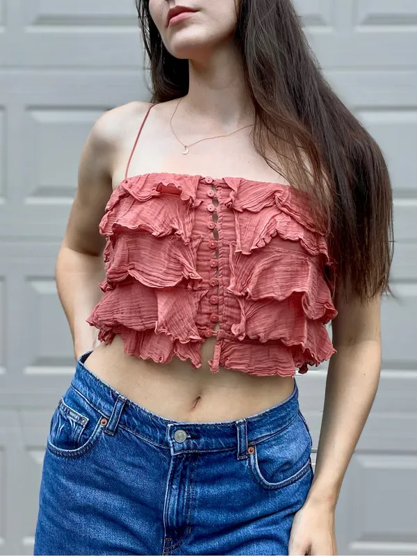Free People Dusty Rise Pink Bohemian Ruffle Crop Top Small - Image 2