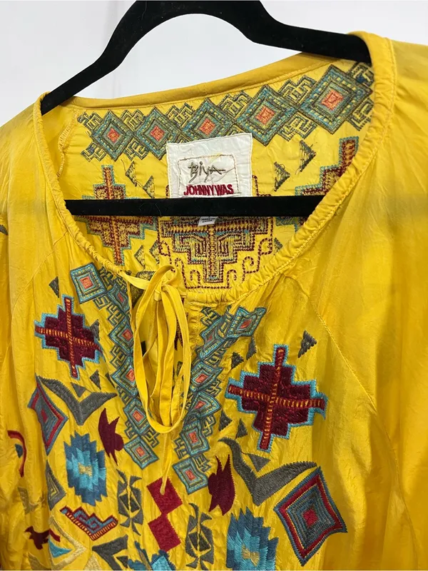 Biya Johnny Was golden Yellow Embroidered Boho long sleeve Top L blouse geometri - Image 10