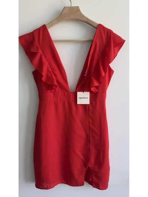 Superdown Harlow Mini Dress Red Ruffle Plunge V Neck Lined Size M NWT - Image 7