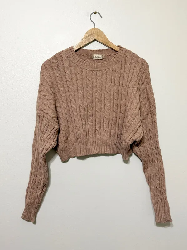 Altar’d State Cable-knit cropped crew-neck sweater size medium tan brown - Image 2