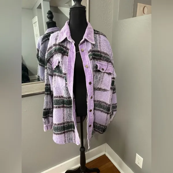 Pol x Anthropologie Purple Fuzzy Plaid Shacket Corduroy Trim Medium. - Image 8