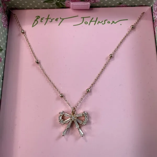 Betsey Johnson Rose Gold Crystal Bow Pendant Necklace 491985CB111 NIB - Image 2