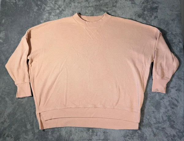 Aerie L Oversized Waffle Knit Crewneck Sweatshirt Blush Pink Side Slit Cozycore - Image 3