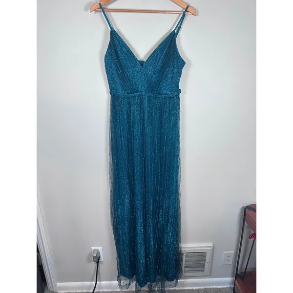 Lulus Sensationally Sparkly Dark Teal Green Lurex Maxi Dress Women's S mermaid - Image 2