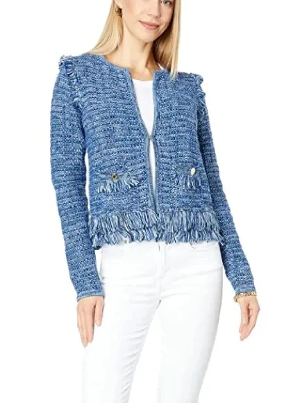 Lilly Pulitzer Simora Fringe Tweed Cardigan - Blue - Image 3