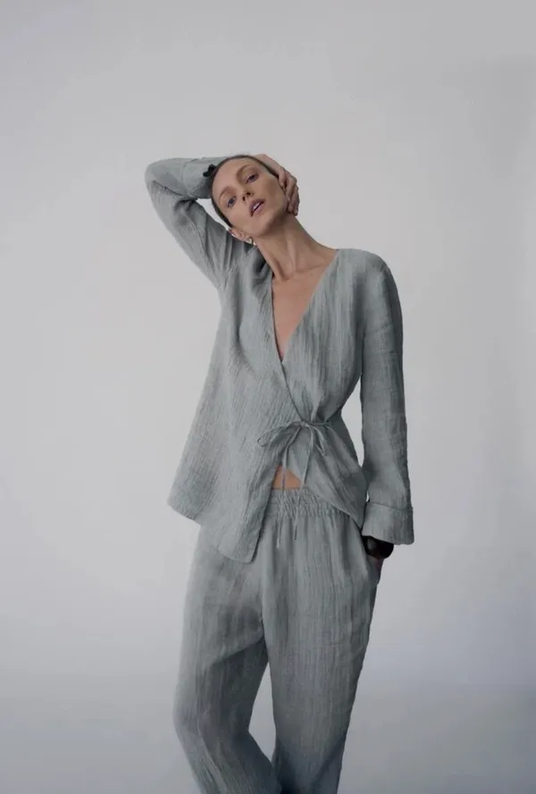 NWOT Zara 100% Linen Kimono Co Ord Matching Set Flowing Trousers wrap top gauze sz M - Image 2