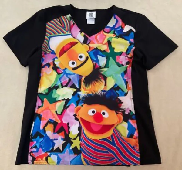Sesame Street Bert and Ernie Scrub Top Women’s Nurse V Neck Pockets Medium - Image 4