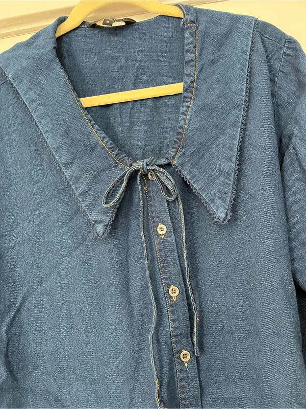Velvet Heart Dark Blue Button Front Top Tie Collar Denim XL - Image 3