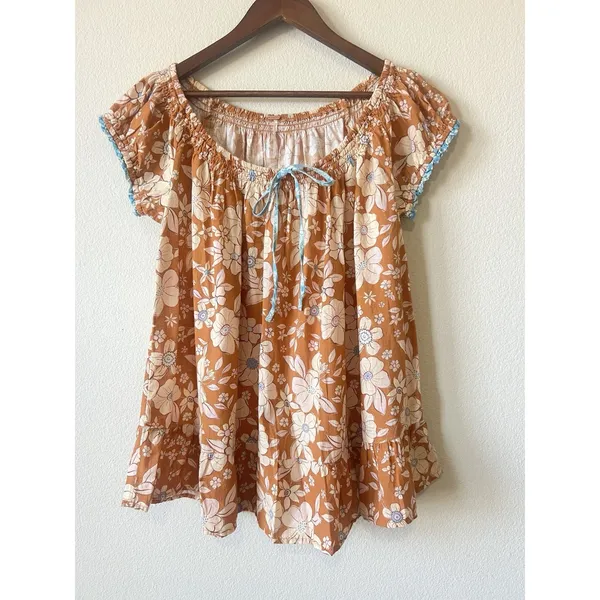 Free People Boho Floral Tunic Top Orange S Cotton Tie Neck Cap Sleeve Ruffle Hem - Image 8