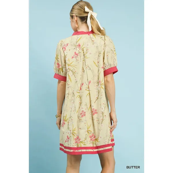 Umgee Floral Puff Sleeve Dress with‎ Contrast Trim - Butter - Small - Image 5