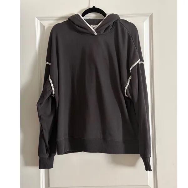 American Eagle Grey Hoodie Whipstitch Crochet Contrast Trim Oversized XL - Image 6