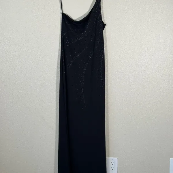 Vintage 90s Black One Shoulder Sparkle Glitter Maxi Dress Womens S Prom Formal - Image 13