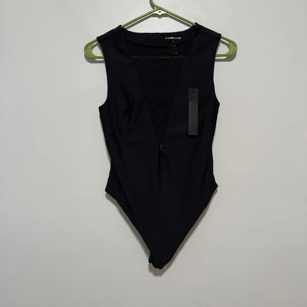 Carbon38 NWT Black Mesh Plunge Bodysuit Size Small - Image 2