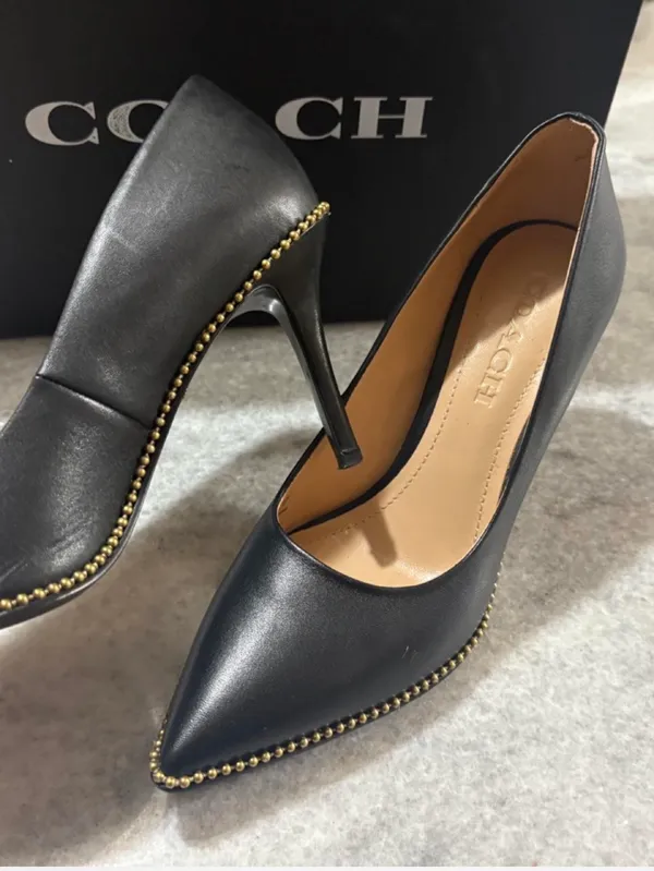Coach black leather pointed toe pumps with gold studs along the edge, size US 6.5 - Image 3