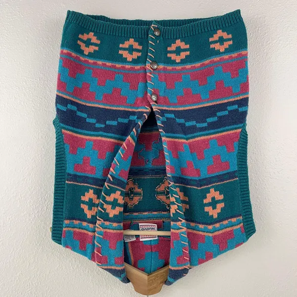 Vintage 90s Teal Blue Pink Southwestern Aztec Button Up Sweater Vest - Image 3