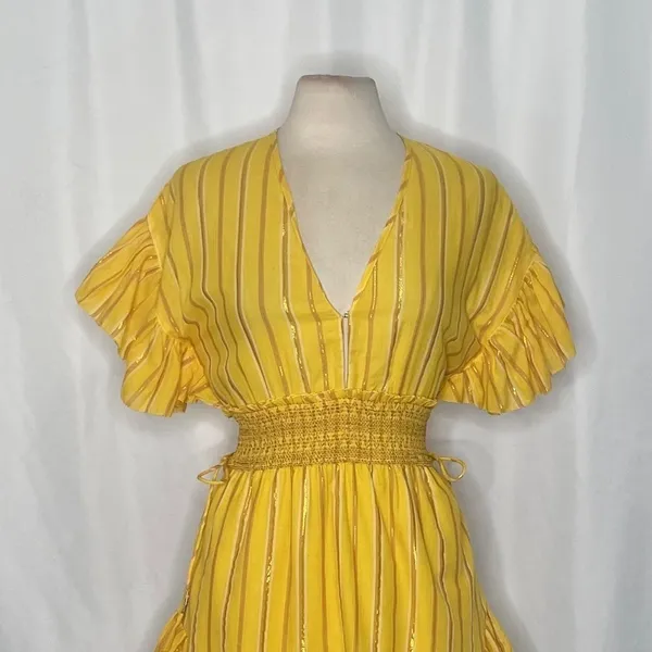 SAYLOR Yellow Metallic Striped Dress Fluttery Smocked Mini Gold Party Medium - Image 3