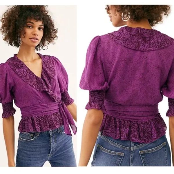 Free People Olivia Purple Printed Tie Waist Cropped Puff Sleeve Wrap Top Size XS - Image 2
