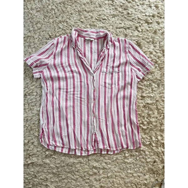 Women's LOFT Sleep White Pink Striped Pajama Shirt L rayon - Image 8