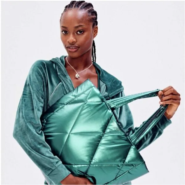 Victoria's‎ Secret Puffer Tote Metallic Teal Green Quilted Bag Blue Green NEW - Image 3