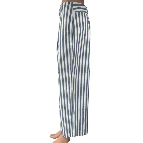 Zara Blue Striped High Waisted Pleated Straight Tapered Ankle Trousers Pants M - Image 2
