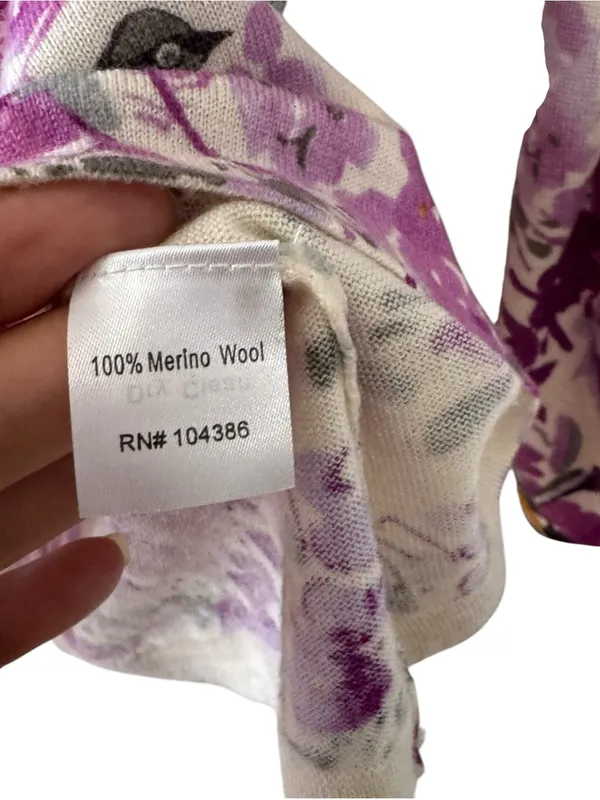 Garnet Hill Merino Wool Floral Bird Cardigan Purple Size Large - Image 8