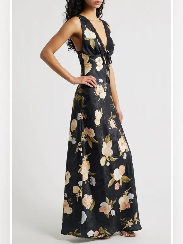 Lulus Judith Floral Jacquard Satin Lace Maxi Slip Dress Black XS NWT $110 - Image 3