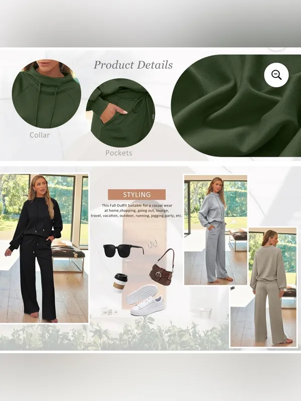 2 piece Olive Green Wide-Leg Lounge Pants - Women's Casual Pull-On Fall Wide Leg - Image 5