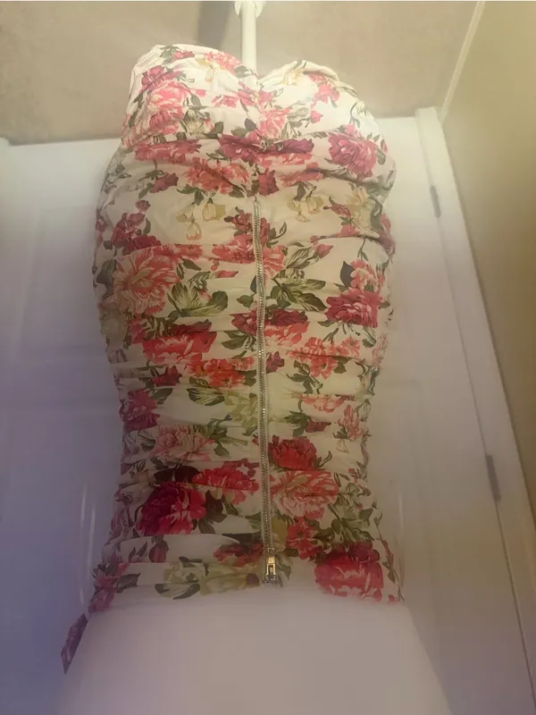 Floral Strapless Ruffle Mini Dress in White, Pink & Green - Image 7