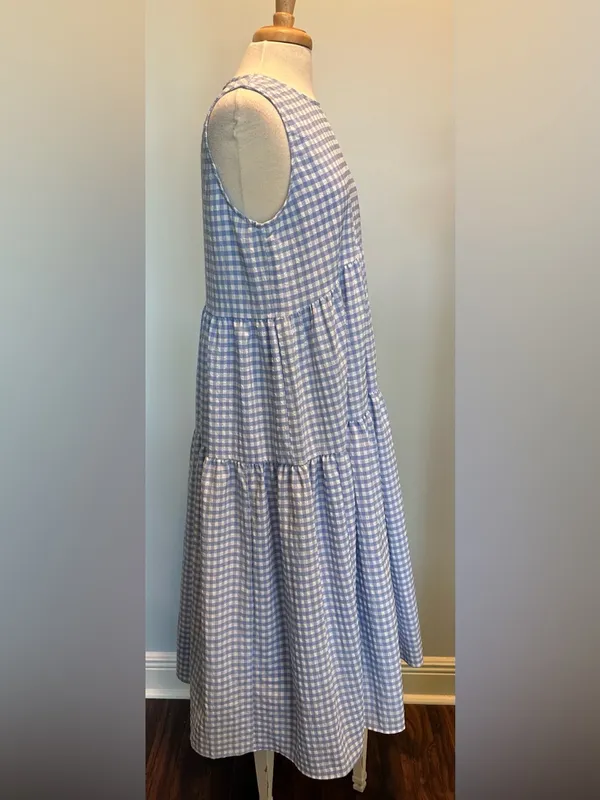 En Saison Blue/White Gingham Check Seersucker Tiered Maxi Dress size Large - Image 8
