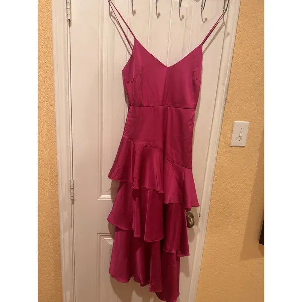 Lulus Charming Crush Hot Pink Satin Tiered Ruffled Midi Dress size xs - Image 5