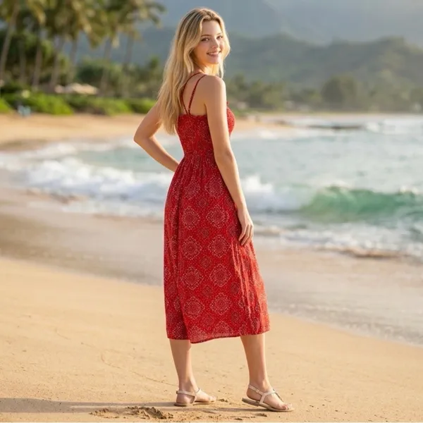 Women's Handkerchief Print Smocked Red Maxi Dress Size S/M - Image 9