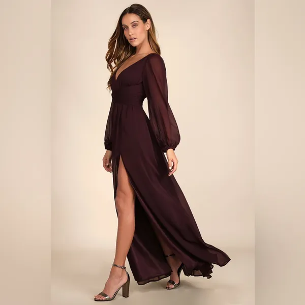 Lulus Enchant My Love Dark Purple V-Neck Long Sleeve Maxi Dress - Image 4