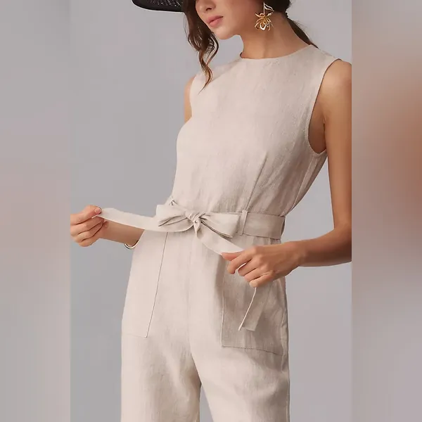 Reformation Naomi Linen Jumpsuit in Oatmeal 6 - Image 4