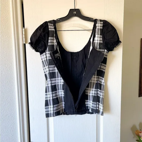 Tripp NYC Plaid Lace-Up Corset Top Cotton‎ Black White Gothic Punk XL EUC - Image 7