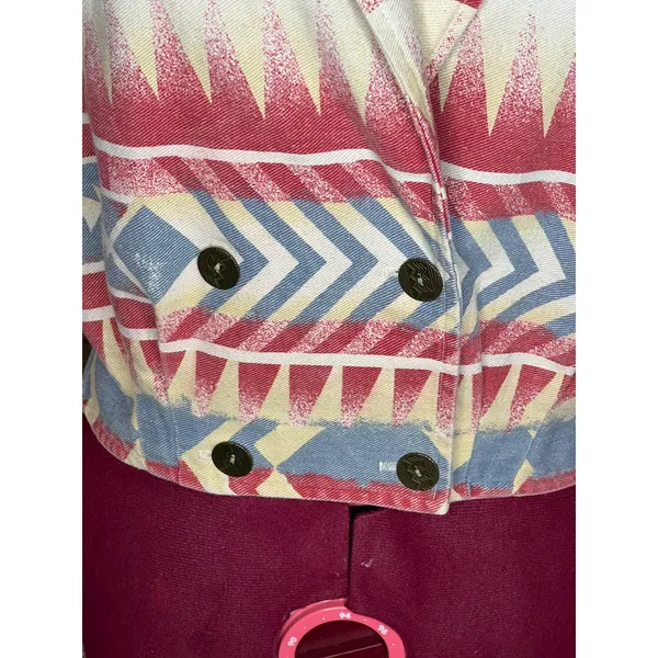 Jean Jacket Aztec print cropped Vintage 1980s red blue cream - Image 3