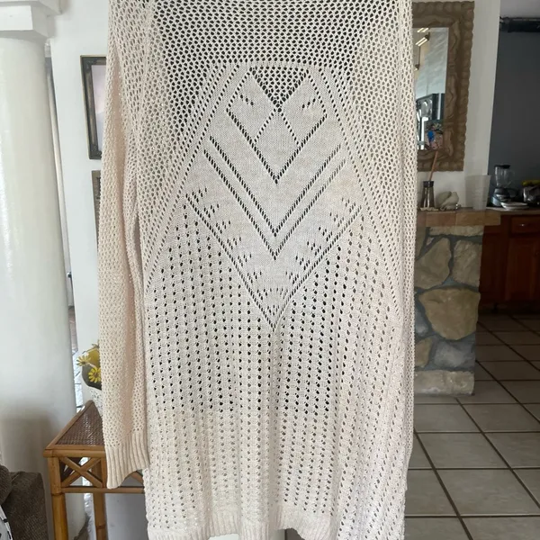 Roxy Long Open Front Cardigan - beige- Long Sleeve - Open Knit - Size M - Image 6