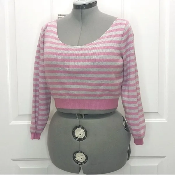 Free people gray pink striped crop off the shoulder sweater pullover size XS - Image 3