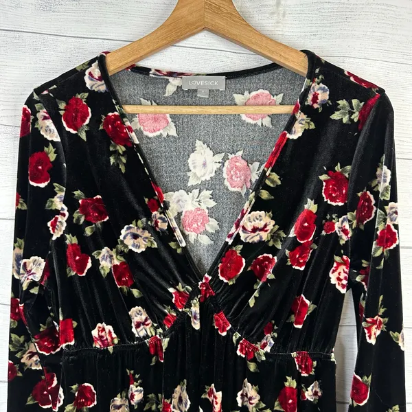 Lovesick Women L 0 Black Velvet Floral Plunge Dress Bell Sleeve Gothic Festival - Image 3
