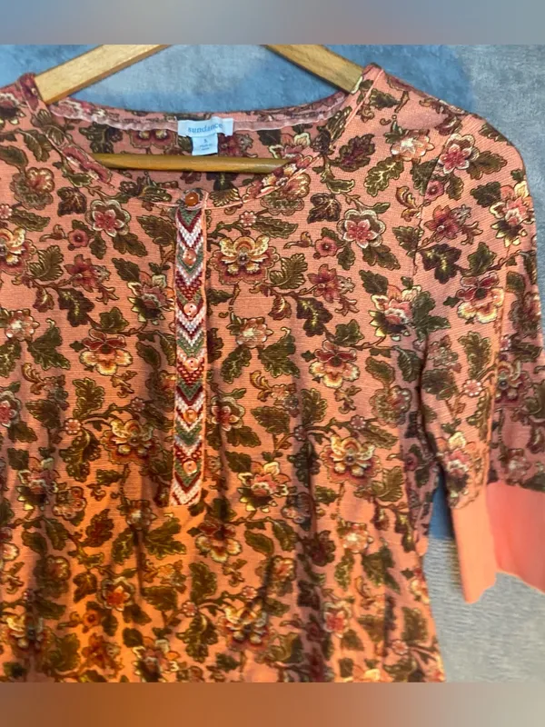 Sundance floral orange 3/4 sleeve waffle knit Henley top‎ small cotton twilight - Image 3