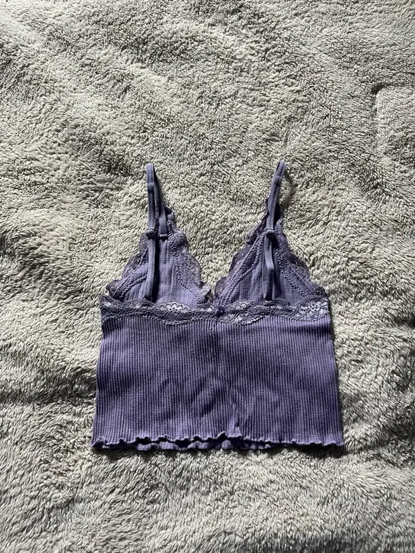 Purple Ribbed Lace Trim Cami Crop Top - Image 2