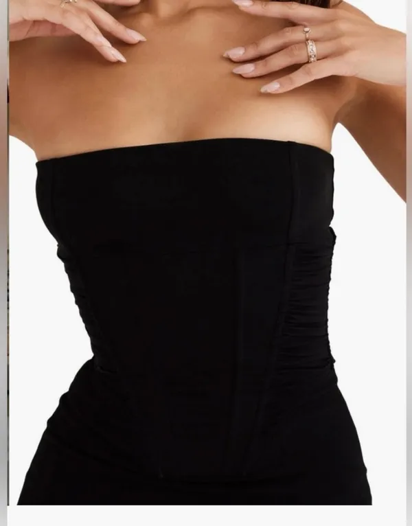 Fionula Strapless Feather Hem Midi Dress Size M - Image 4