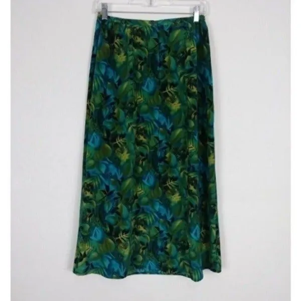 Vintage Sag Harbor Blue & Green Tropical Leaf Print Midi Skirt Size Petite S - Image 2