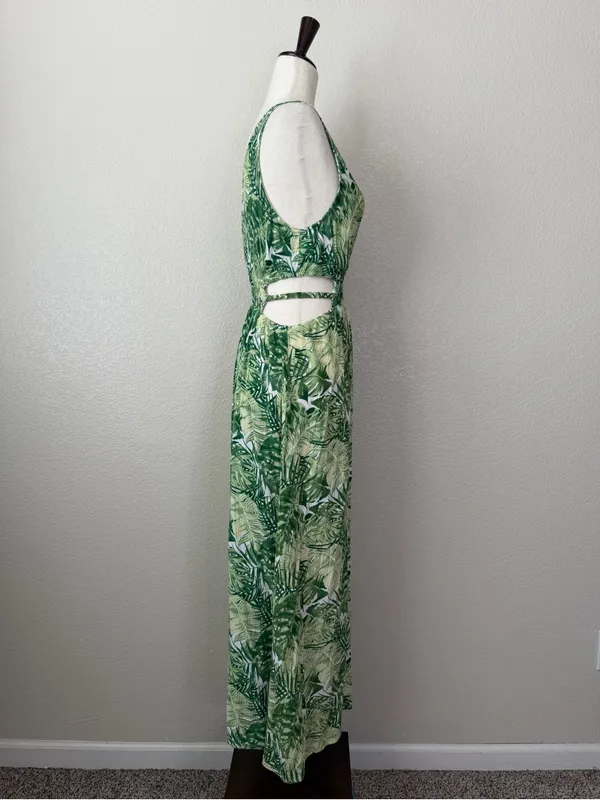 Justify Double V-neck Green Tropical Smocked Cut Out Waist Maxi Dress, Sz Large - Image 5