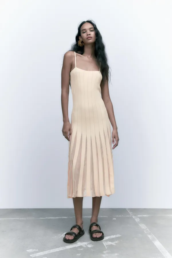 ZARA Ribbed Dress Knit Midi Cream fit and flare L - Image 12