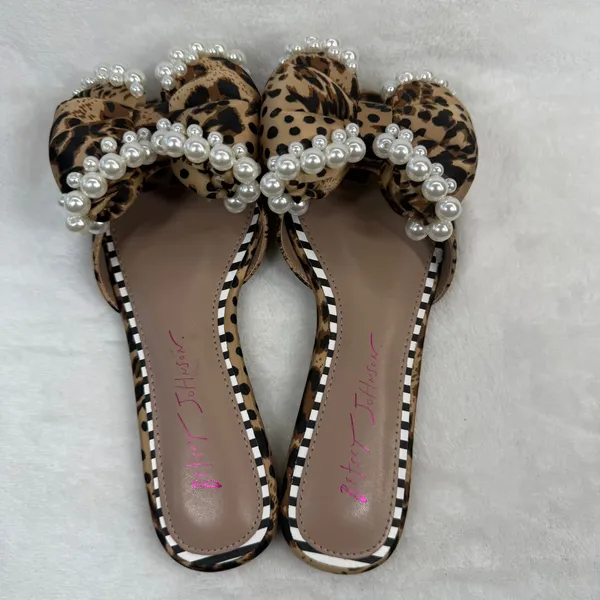Betsey Johnson Womens Leopard Print Pearl Bow Square Toe Flat Slide‎ Sandals 5 - Image 8