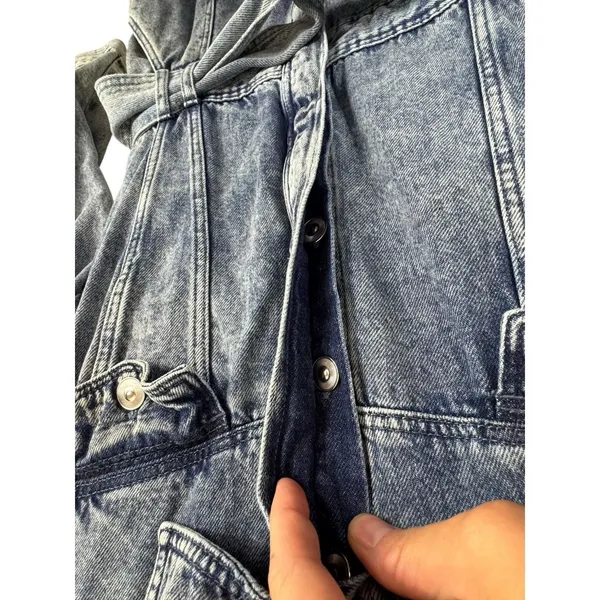 ZARA 100% Cotton‎ Acid Wash Long Sleeve Belted Button Down Denim Jumpsuit Size M - Image 5