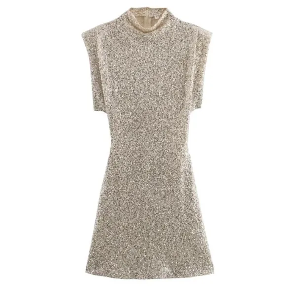 NWOT Champagne Glitter Sequin Mock Neck‎ Bodycon Mini Dress Small - Image 2
